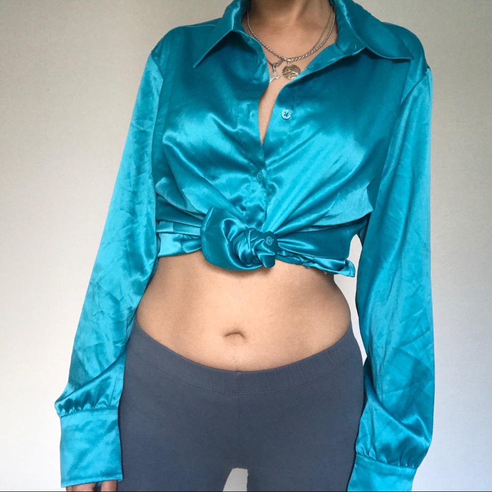 Silky blue/green dress shirt.